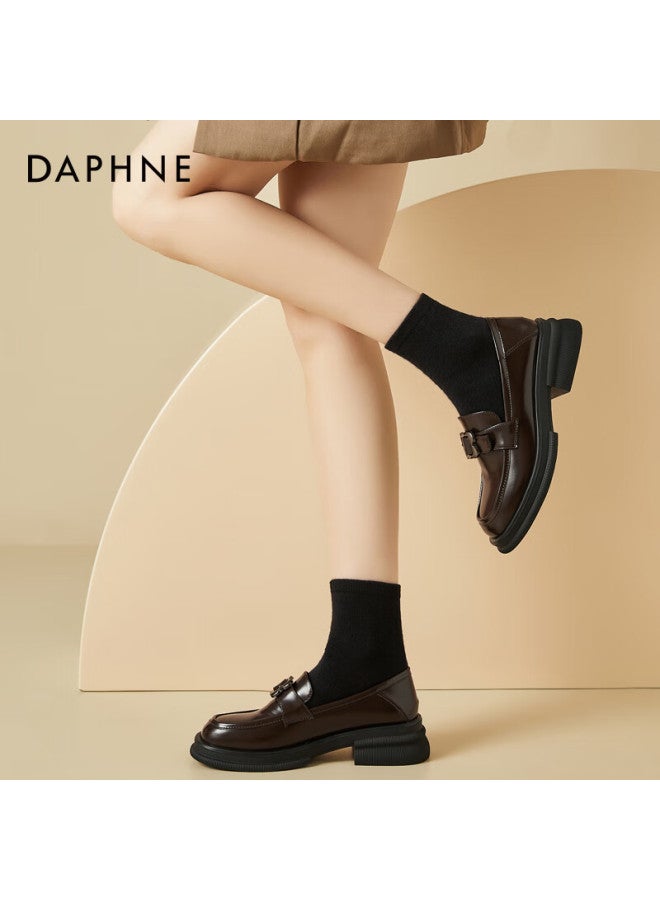 Daphne Women's Loafers Thick Sole Chunky Heel Round Toe Pig Kidney Shoes British Style Black Small Leather Shoes Brown Size 40 - Image 2