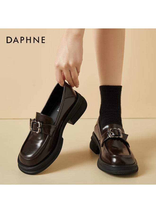 Daphne Women's Loafers Thick Sole Chunky Heel Round Toe Pig Kidney Shoes British Style Black Small Leather Shoes Brown Size 40 - Image 1