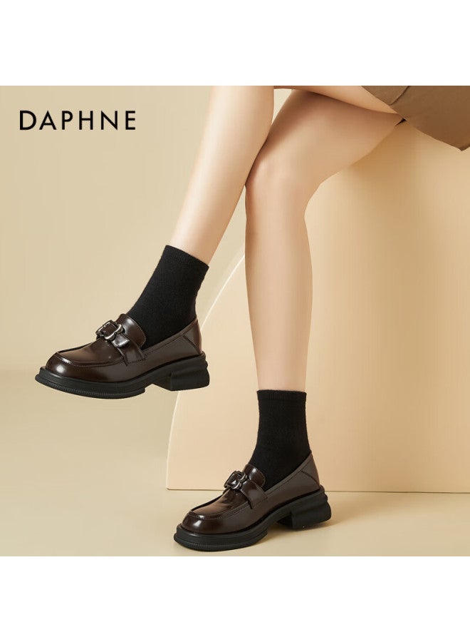 Daphne Women's Loafers Thick Sole Chunky Heel Round Toe Pig Kidney Shoes British Style Black Small Leather Shoes Brown Size 40 - Image 5