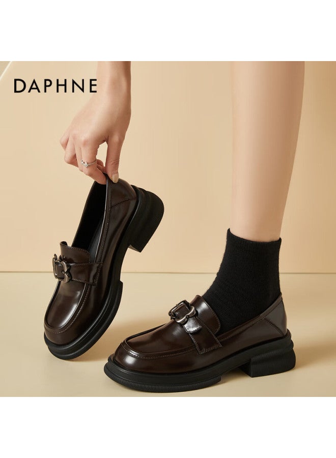 Daphne Women's Loafers Thick Sole Chunky Heel Round Toe Pig Kidney Shoes British Style Black Small Leather Shoes Brown Size 40 - Image 4