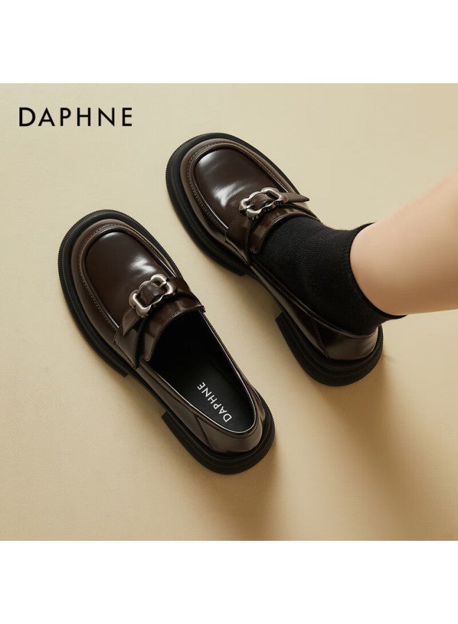 Daphne Women's Loafers Thick Sole Chunky Heel Round Toe Pig Kidney Shoes British Style Black Small Leather Shoes Brown Size 40 - Image 3