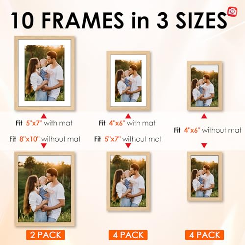 FIXSMITH 10 Pack Natural Picture Frames Collage Wall Decor for Mounting or Tabletop Display, Gallery Wall Frame Set with Two 8x10 Natural Frames, Four 5x7 and Four 4x6 Frames, Multi-Pack Photo Frame Set - Image 2