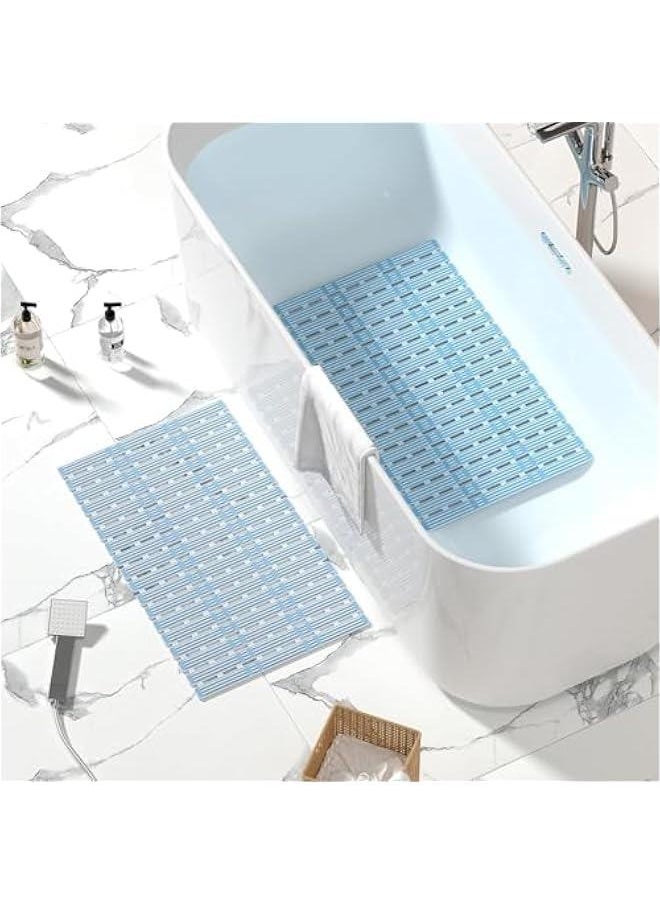 ميكسد Shower Mat Non Slip Bathtub Mat,TPE PP Soft Anti Slip Bath Mat for Tub,Slatted Shower Floor Mat with Powerful Suction Cups and Drain Holes,Easy to Cut,Machine Washable (Blue)  - Image 4