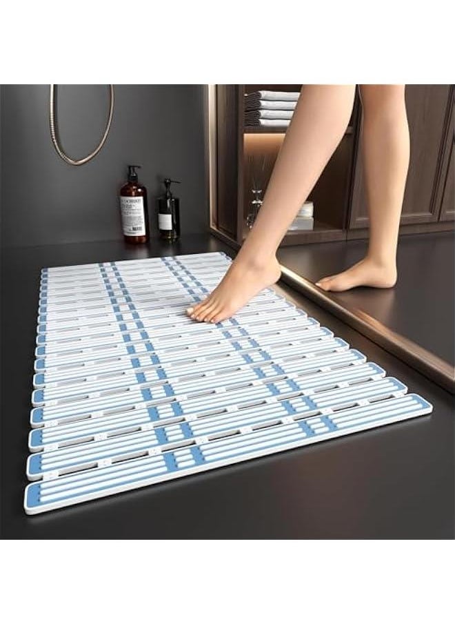ميكسد Shower Mat Non Slip Bathtub Mat,TPE PP Soft Anti Slip Bath Mat for Tub,Slatted Shower Floor Mat with Powerful Suction Cups and Drain Holes,Easy to Cut,Machine Washable (Blue)  - Image 1