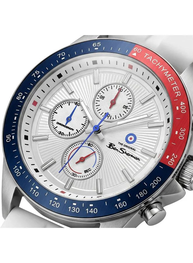 بين شيرمان Winchester Silver Dial White Silicone Strap Chronograph Watch for Men, 43.2mm