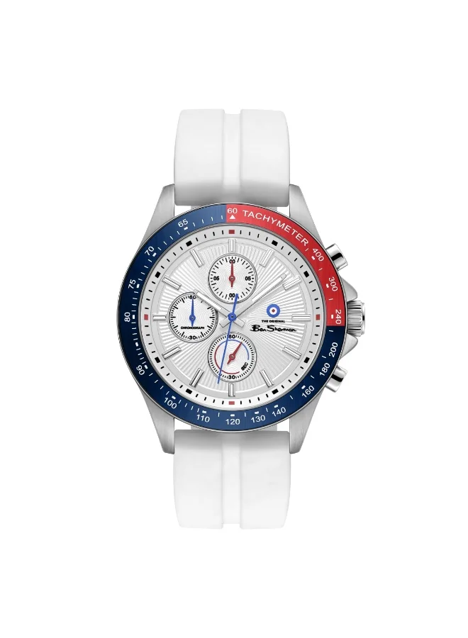 بين شيرمان Winchester Silver Dial White Silicone Strap Chronograph Watch for Men, 43.2mm