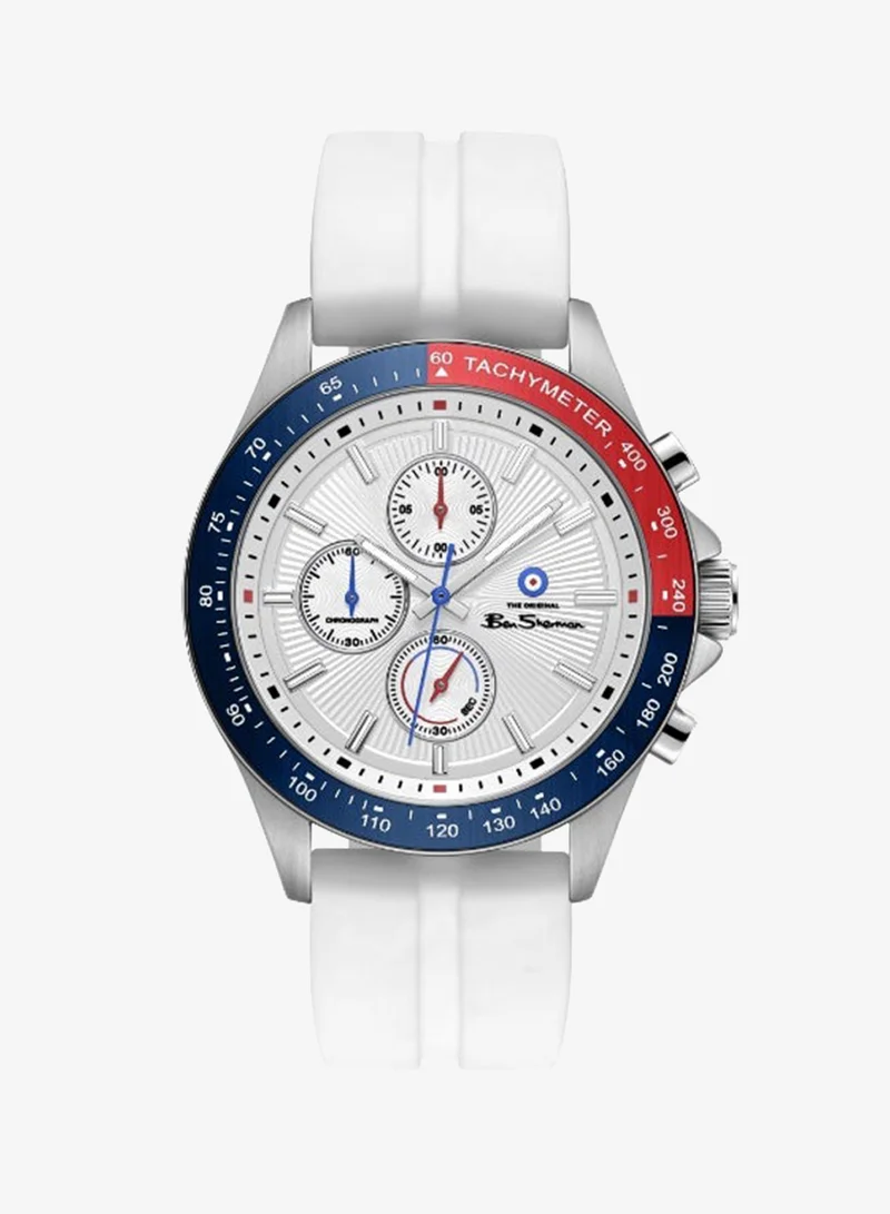 Ben Sherman Winchester Silver Dial White Silicone Strap Chronograph Watch for Men, 43.2mm