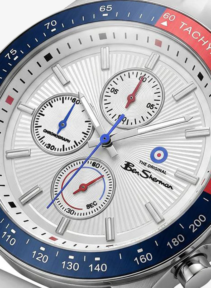 Ben Sherman Winchester Silver Dial White Silicone Strap Chronograph Watch for Men, 43.2mm