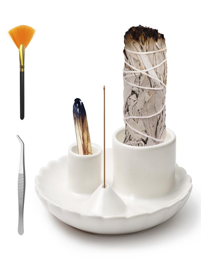 xingruyu 4 in 1 Incense Holder, Palo Santo Holder for Burning Sage, Sticks & Candle, Ceramic Incense Burner， 5.3" Ceramic Ash Catcher Tray for Meditation Room Home Decor - Image 1
