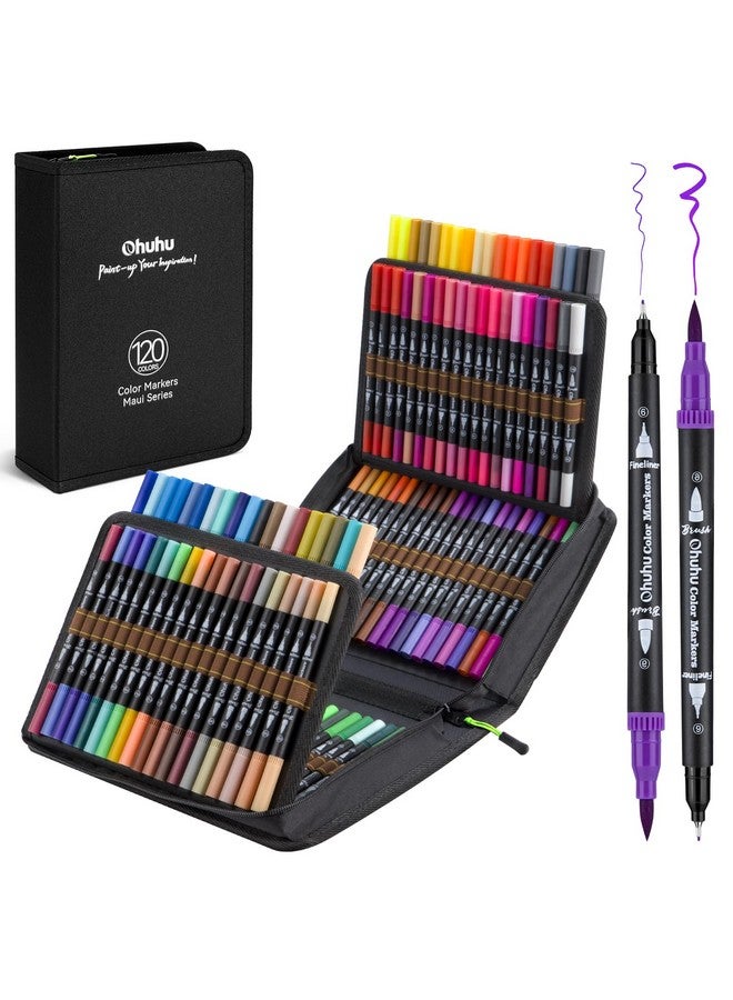 Ohuhu Brush Pen 120 Colors Water-based Sketch Pen Set No Bleeding Dual Tips Fineliner & Brush Drawing Pens with Carrying Case Art Marker for Kids Adults Adults Calligraphy Journal - Maui - Black - Image 1