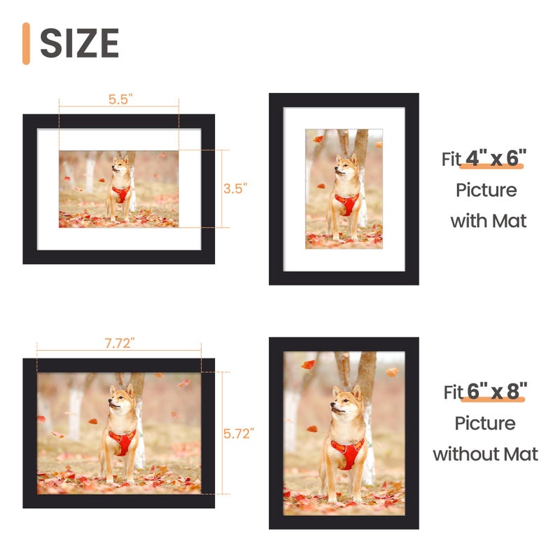 upsimples 6x8 Picture Frame, Display Pictures 3.5x5.5 with Mat or 6x8 Without Mat, Wall Hanging Photo Frame, Black, 1 Pack - Image 3