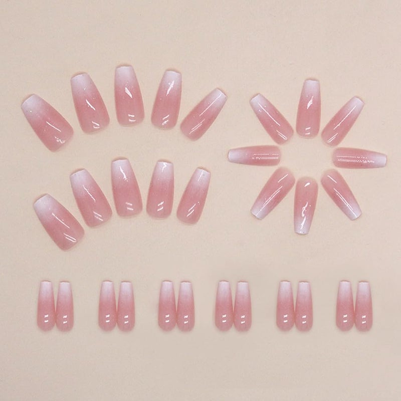 Hrnsnails Coffin Press On Nails Medium Long Girls Fake Nails with Ombre&Glitter Nail Press Ons Design, Acrylic Artificial False Nails Stick On Nails for Women - Image 4