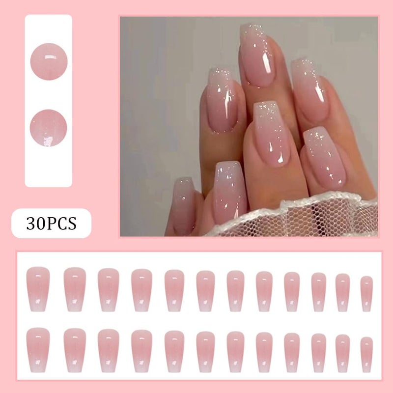 Hrnsnails Coffin Press On Nails Medium Long Girls Fake Nails with Ombre&Glitter Nail Press Ons Design, Acrylic Artificial False Nails Stick On Nails for Women - Image 2