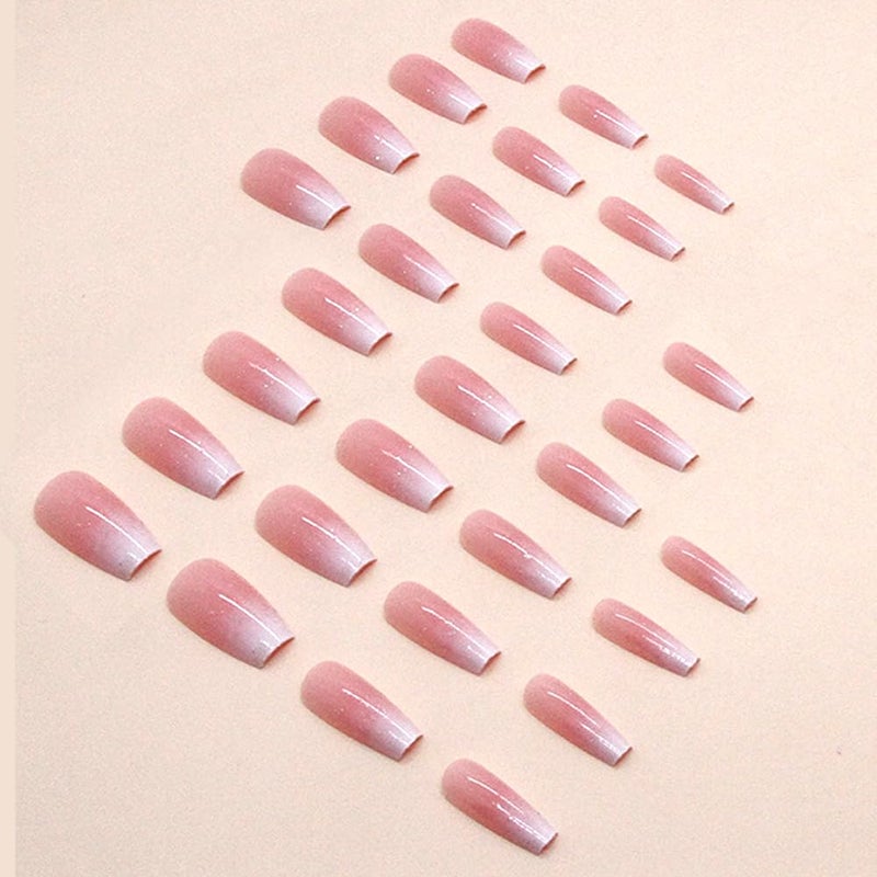 Hrnsnails Coffin Press On Nails Medium Long Girls Fake Nails with Ombre&Glitter Nail Press Ons Design, Acrylic Artificial False Nails Stick On Nails for Women - Image 3