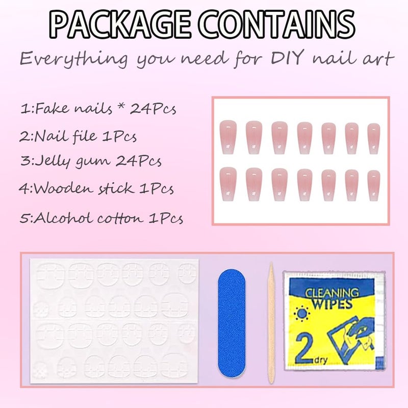 Hrnsnails Coffin Press On Nails Medium Long Girls Fake Nails with Ombre&Glitter Nail Press Ons Design, Acrylic Artificial False Nails Stick On Nails for Women - Image 5
