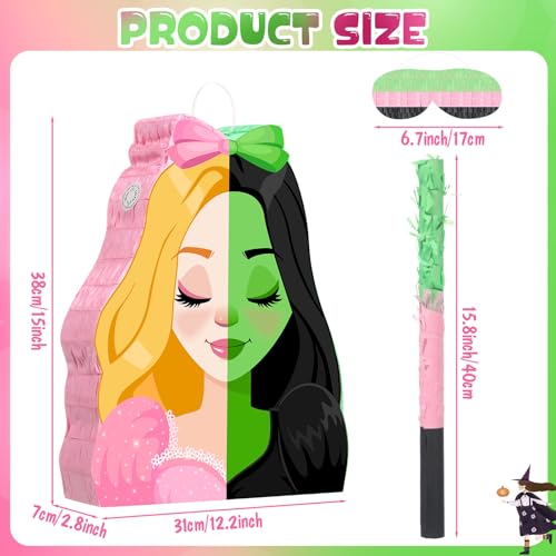 Kasyat Witch Princess Piata Party Game Set Halloween Witch Piata with Bat Stick Blindfold Pink Green and Black Party Decor for Halloween Birthday Baby Shower Game Supplies Decor Movie - Image 5