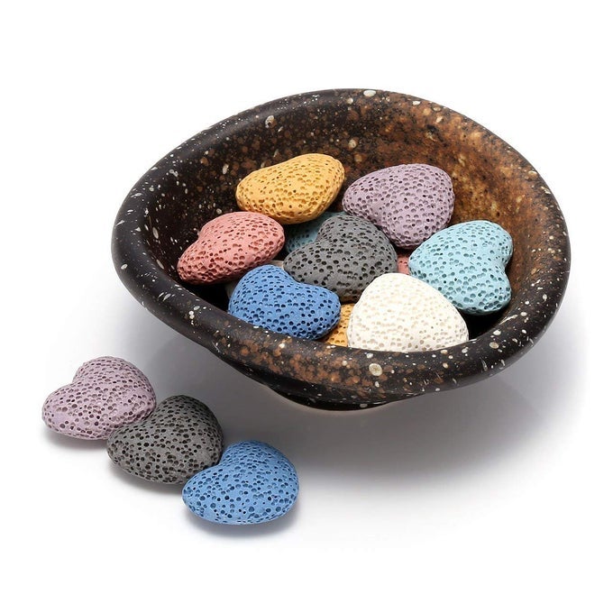 LAVA ROCK GEMSTONE AROMATHERAPY ESSENTIAL OIL DIFFUSER SET - OVAL SHAPE CERAMIC INCENSE BURNER/WARE/HOLDER/BOWL WITH 14PCS HEART LAVA STONE BEADS