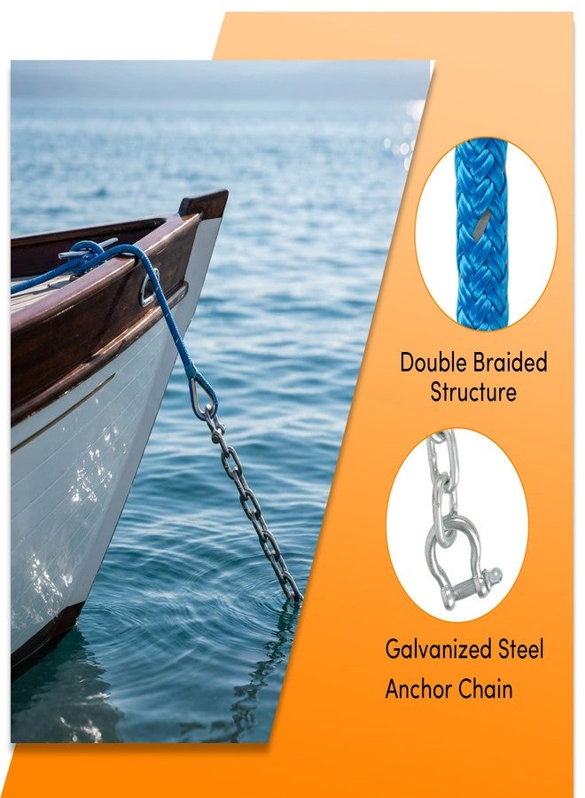 ORLANG Anchor Rope 100 ft X 1/2 inch Combination Kit,with 1/4" x 10' Galvanized Steel Anchor Chain, Double Braided Anchor Line with Reflective Strip, Anchor Rope and Chain with Thimble and Shackle (Blue) - Image 4