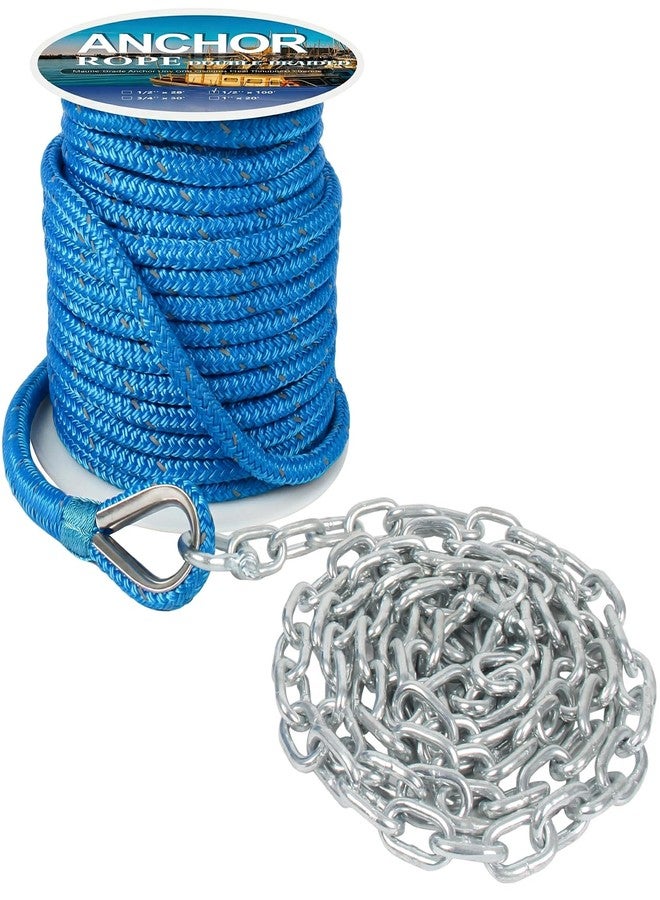 ORLANG Anchor Rope 100 ft X 1/2 inch Combination Kit,with 1/4" x 10' Galvanized Steel Anchor Chain, Double Braided Anchor Line with Reflective Strip, Anchor Rope and Chain with Thimble and Shackle (Blue) - Image 1