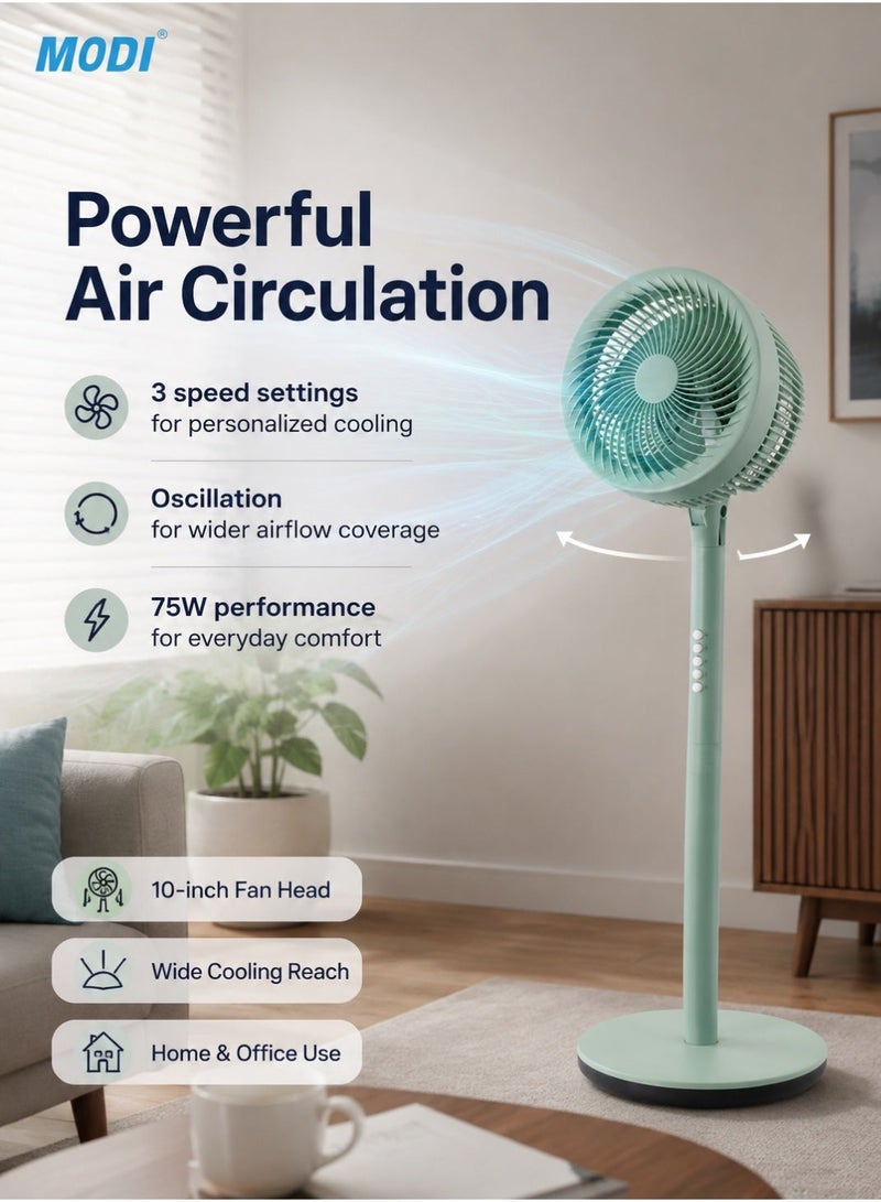 MODI 10" Pedestal Fan 3-Speed Circulating Floor Fan, Oscillation,Adjustable Height, Quiet Cooling Stand Fan Home & Office - Image 1