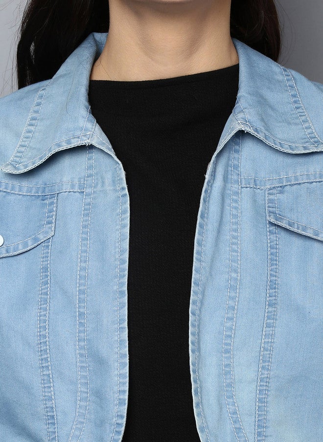 StyleStone Women Blue Self Design Open Front Denim Shrug - Image 2