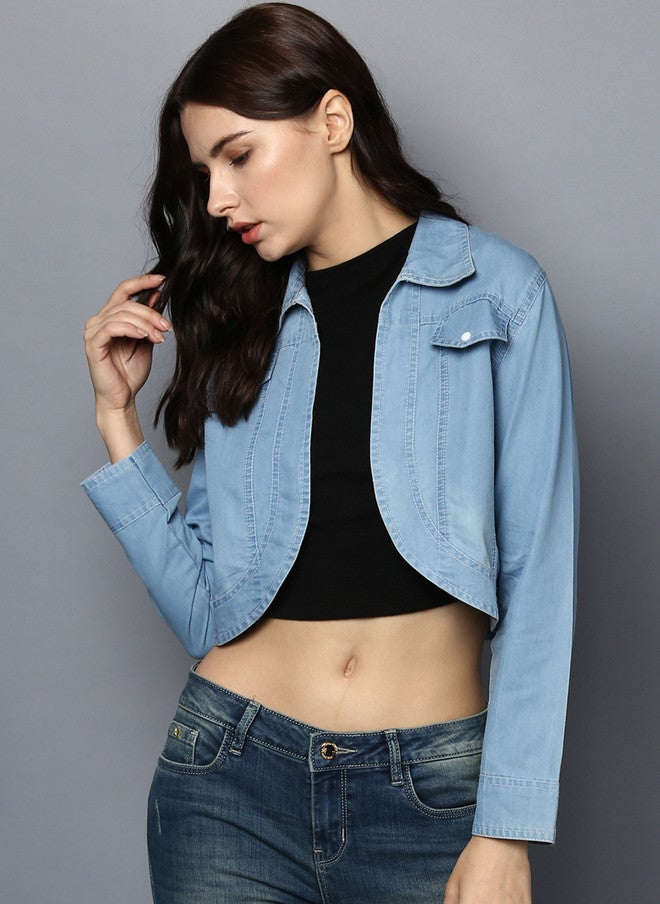 StyleStone Women Blue Self Design Open Front Denim Shrug - Image 1