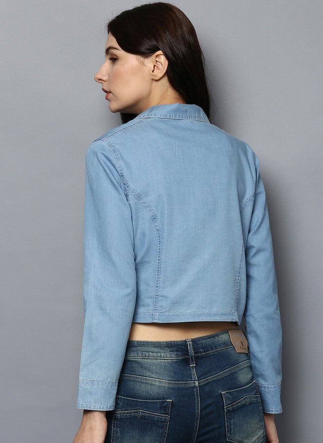 StyleStone Women Blue Self Design Open Front Denim Shrug - Image 4