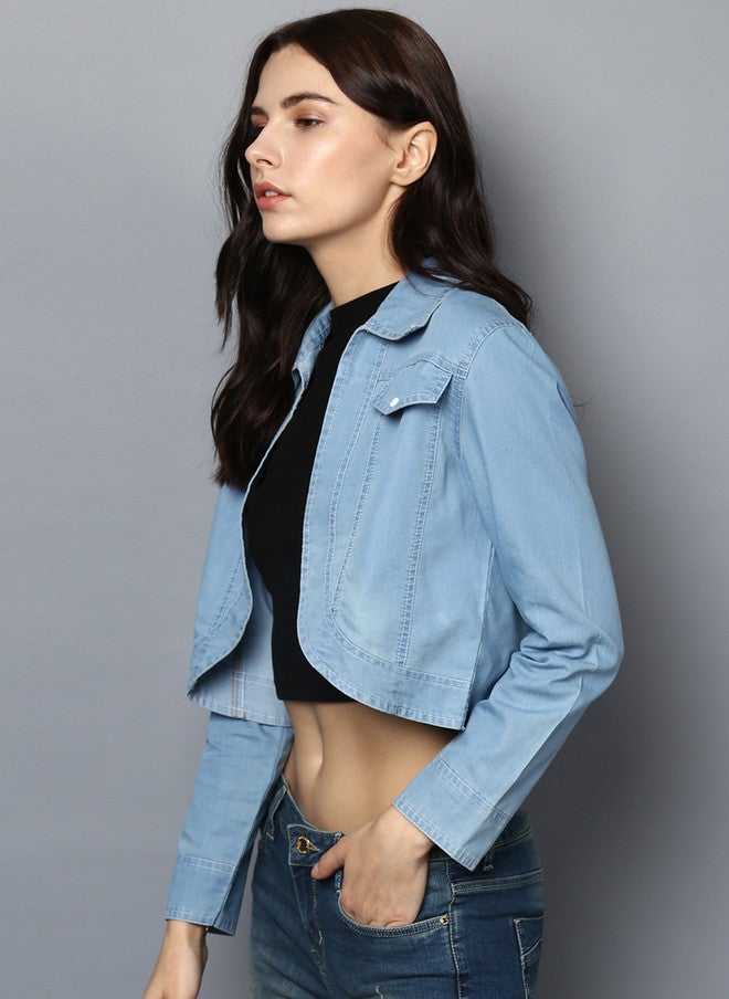 StyleStone Women Blue Self Design Open Front Denim Shrug - Image 3