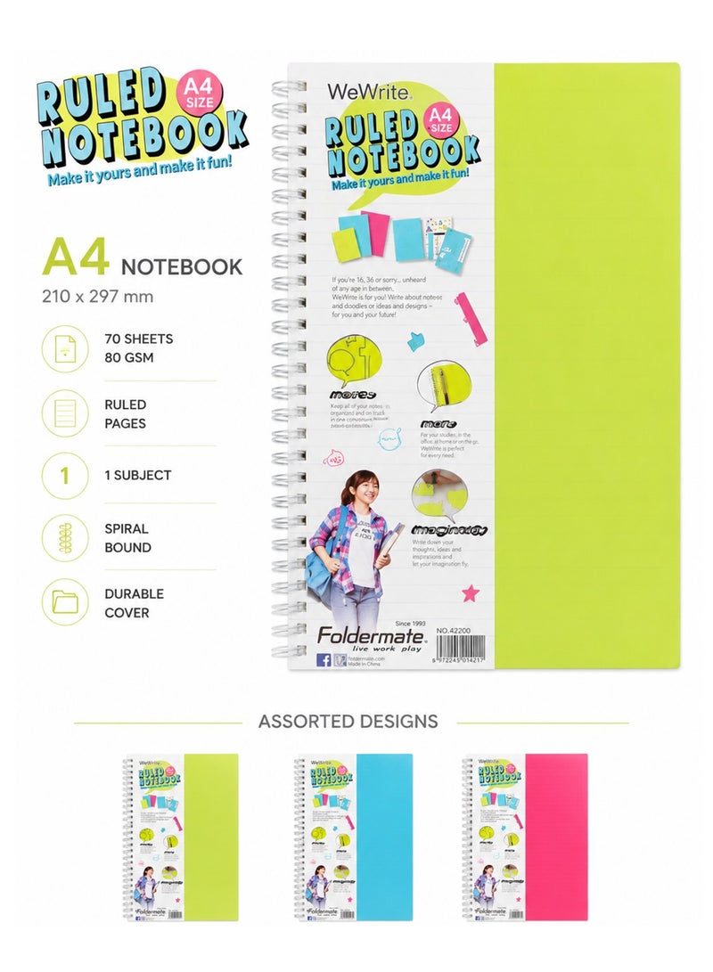 Foldermate 1-Piece A4 Size Spiral Lined Notebook 70 Sheets Assorted Colours - Image 1