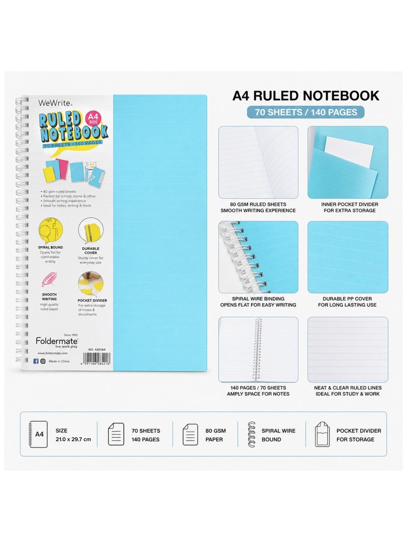 Foldermate 1-Piece A4 Size Spiral Lined Notebook 70 Sheets Assorted Colours - Image 2