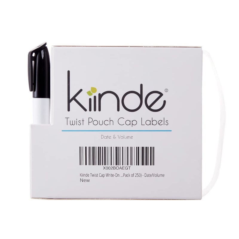 Kiinde Twist Cap Single-Use Write-On Labels for Breast Milk and Baby Food Storage Pouches (Pack of 250) - Includes Label Dispenser with Marker and Marker Holder - Date/Volume - Image 1