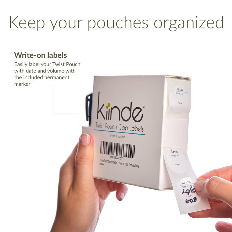 Kiinde Twist Cap Single-Use Write-On Labels for Breast Milk and Baby Food Storage Pouches (Pack of 250) - Includes Label Dispenser with Marker and Marker Holder - Date/Volume - Image 2
