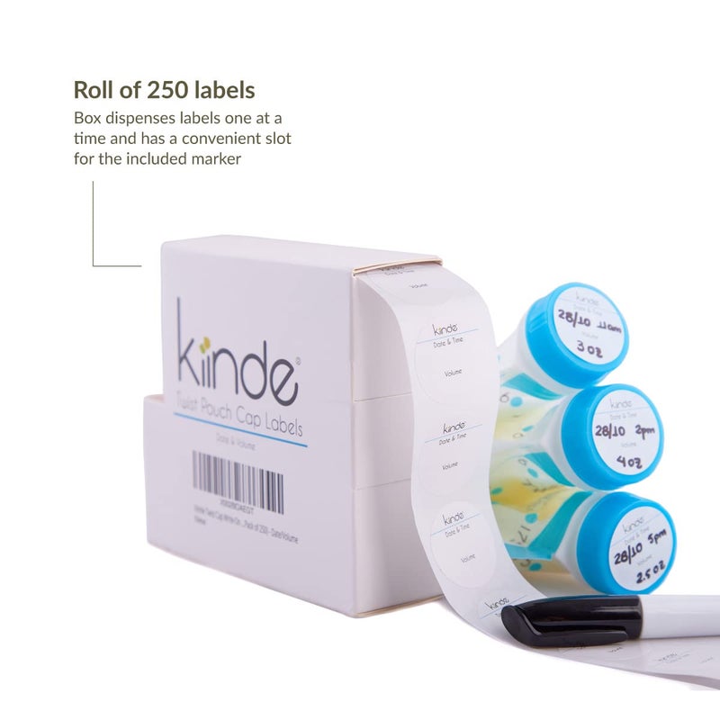 Kiinde Twist Cap Single-Use Write-On Labels for Breast Milk and Baby Food Storage Pouches (Pack of 250) - Includes Label Dispenser with Marker and Marker Holder - Date/Volume - Image 3