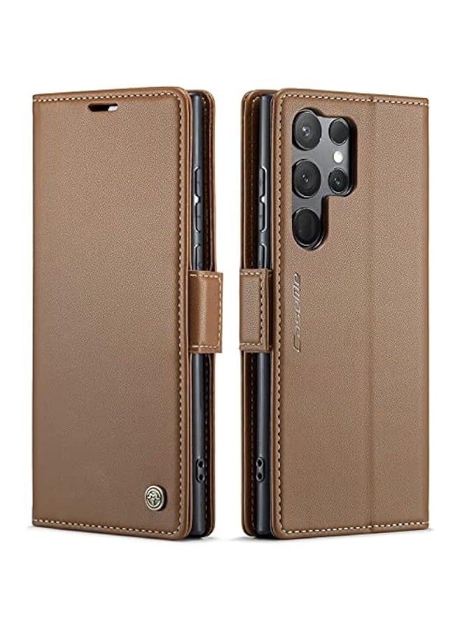 حافظة جلدية فاخرة قابلة للطي ومغناطيسية لهاتف Samsung Galaxy S24 Ultra باللون البني، تحتوي على فتحات لبطاقات الائتمان ذات تقنية RFID وحامل للهاتف وحماية ضد الصدمات. - Image 1