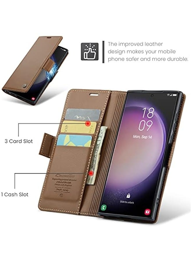 حافظة جلدية فاخرة قابلة للطي ومغناطيسية لهاتف Samsung Galaxy S24 Ultra باللون البني، تحتوي على فتحات لبطاقات الائتمان ذات تقنية RFID وحامل للهاتف وحماية ضد الصدمات. - Image 2