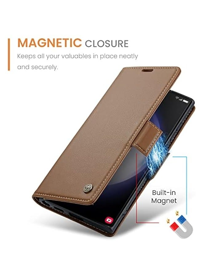 حافظة جلدية فاخرة قابلة للطي ومغناطيسية لهاتف Samsung Galaxy S24 Ultra باللون البني، تحتوي على فتحات لبطاقات الائتمان ذات تقنية RFID وحامل للهاتف وحماية ضد الصدمات. - Image 5