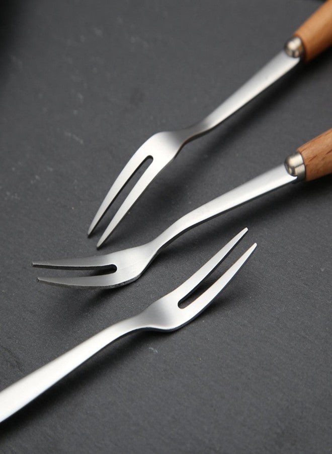 DEEKOUDT 6 Pcs Wooden Handle Stainless Steel Two Prong Forks Fruit Cake Appetizer Forks - Image 3