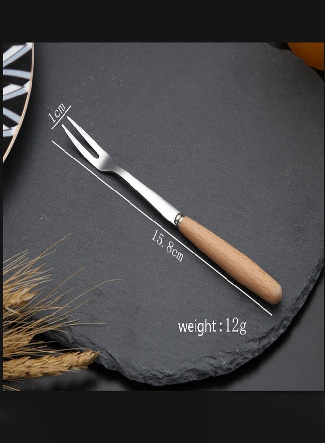DEEKOUDT 6 Pcs Wooden Handle Stainless Steel Two Prong Forks Fruit Cake Appetizer Forks - Image 2
