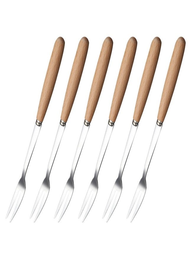 DEEKOUDT 6 Pcs Wooden Handle Stainless Steel Two Prong Forks Fruit Cake Appetizer Forks - Image 1