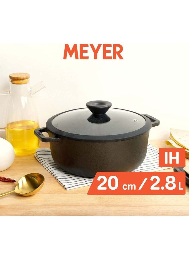 MEYER فرن ماير الهولندي من الحديد الزهر المُتبل مسبقًا | وعاء برياني | كسرولة من الحديد الزهر بقاع ثقيل |وعاء طبخ بغطاء| وعاء البرياني التعريفي السفلي| وعاء الحساء | تجهيزات المطابخ من الحديد الزهر 20 سم / 2.8 لتر أسود  - Image 3