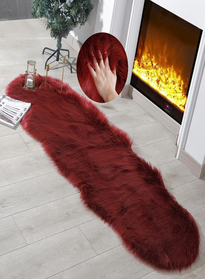 linmopm Faux Fur Rug Sheepskin Shag Fluffy Fuzzy Red 2x6 ft Runner Rugs for Bedroom Bedside Bed Floor Living Room Plush High-Density Cushion Carpet Super Sofa Cover - Image 2