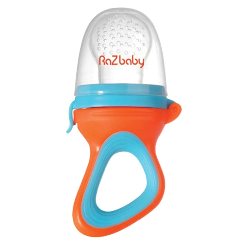 RaZbaby Baby SolidsFrozen Fruit Feeder Pacifier Infant Teether Toy 6M BPAFree Silicone Pouch Nipple Safely Introduce Solids Natural Teething Relief Dishwasher Safe Freezable OrangeBlue