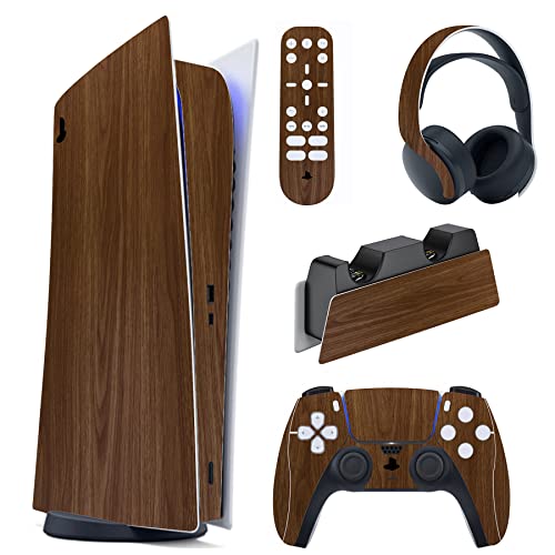 PlayVital Wood Grain Full Set Skin Decal for ps5 Console Digital Edition, Sticker Vinyl Decal Cover for ps5 Controller & Charging Station & Headset & Media Remote - Image 1