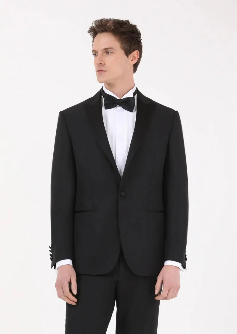 RAMSEY Black Plain Modern Fit Double Breasted Collar Weaving Tuxedo