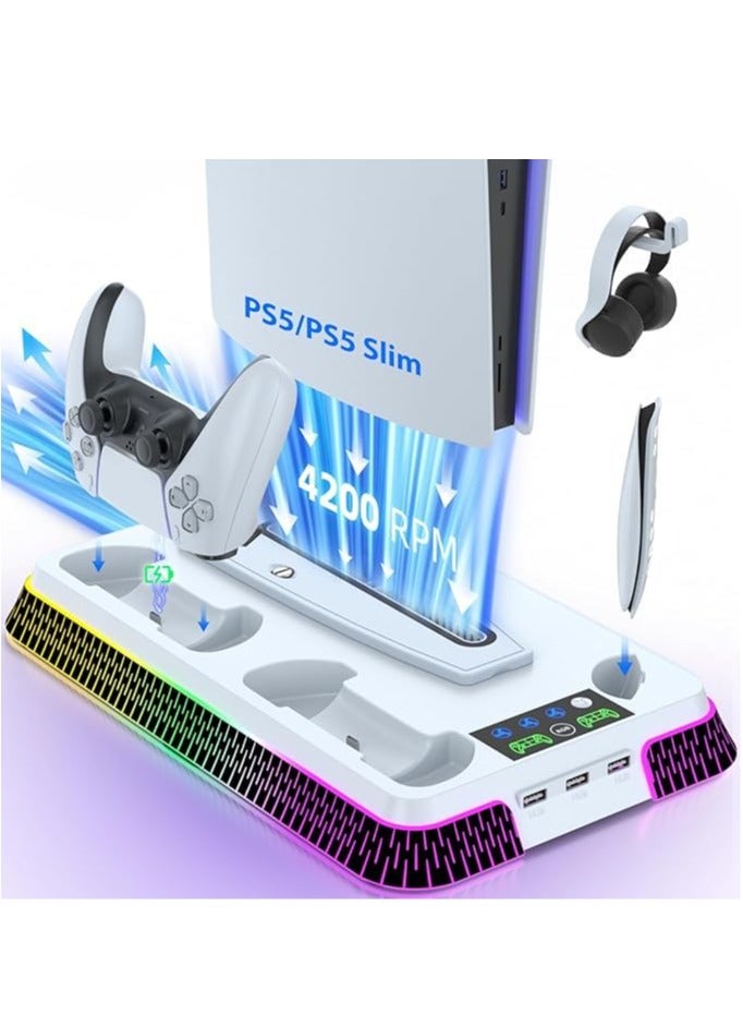 phomemo PS5 Cooling Station, PS5 Pro Stand RGB and Turbo Fan with Dual Charging Station for PS5, PS5 Accessories Kits, Vertical Stand with 3 Levels Cooling Fan, Headset Holder for PS5 Digital/Disc - Image 2