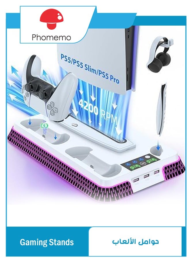 phomemo PS5 Cooling Station, PS5 Pro Stand RGB and Turbo Fan with Dual Charging Station for PS5, PS5 Accessories Kits, Vertical Stand with 3 Levels Cooling Fan, Headset Holder for PS5 Digital/Disc - Image 1