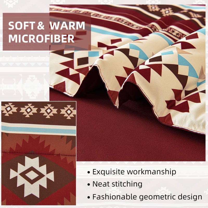 Dinjoy Red Boho Comforter Set Queen 7 Piece Bed in a Bag Queen Size Soft Aztec Bedding Sets with Sheets Bohemian Striped Bed Set Western Burgundy for Spring Summer 90""x90"" - Image 4