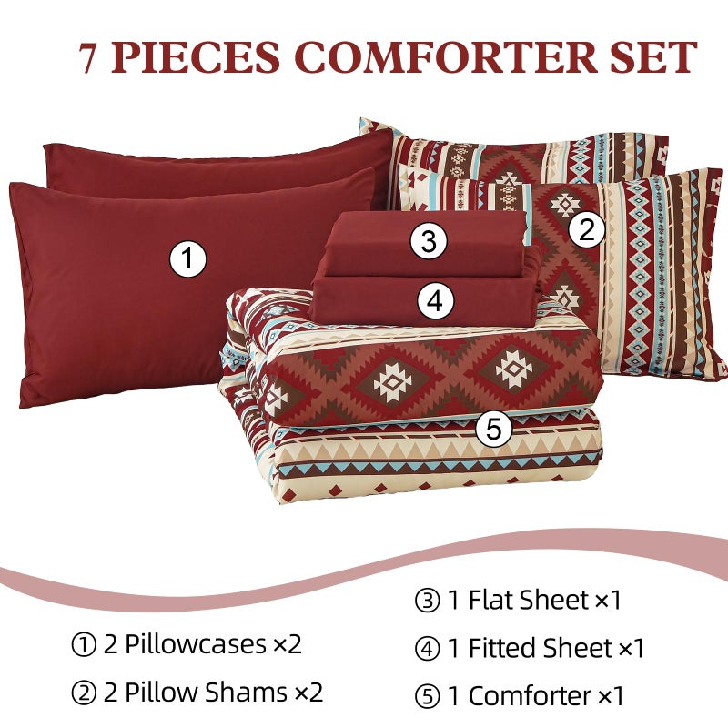 Dinjoy Red Boho Comforter Set Queen 7 Piece Bed in a Bag Queen Size Soft Aztec Bedding Sets with Sheets Bohemian Striped Bed Set Western Burgundy for Spring Summer 90""x90"" - Image 5