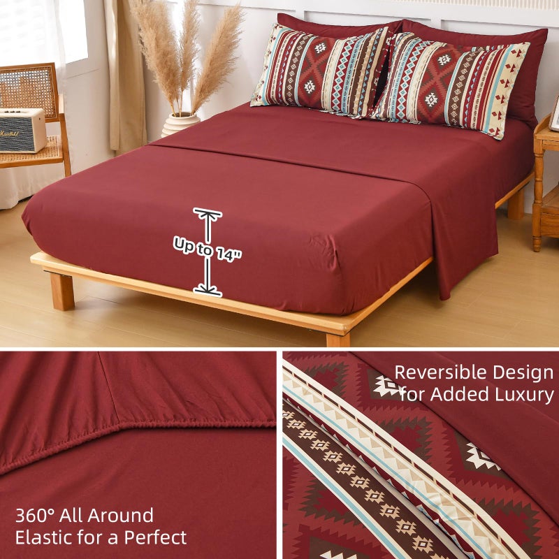 Dinjoy Red Boho Comforter Set Queen 7 Piece Bed in a Bag Queen Size Soft Aztec Bedding Sets with Sheets Bohemian Striped Bed Set Western Burgundy for Spring Summer 90""x90"" - Image 3