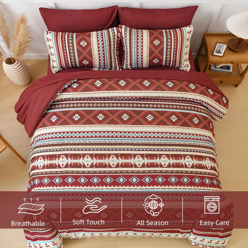 Dinjoy Red Boho Comforter Set Queen 7 Piece Bed in a Bag Queen Size Soft Aztec Bedding Sets with Sheets Bohemian Striped Bed Set Western Burgundy for Spring Summer 90""x90"" - Image 2
